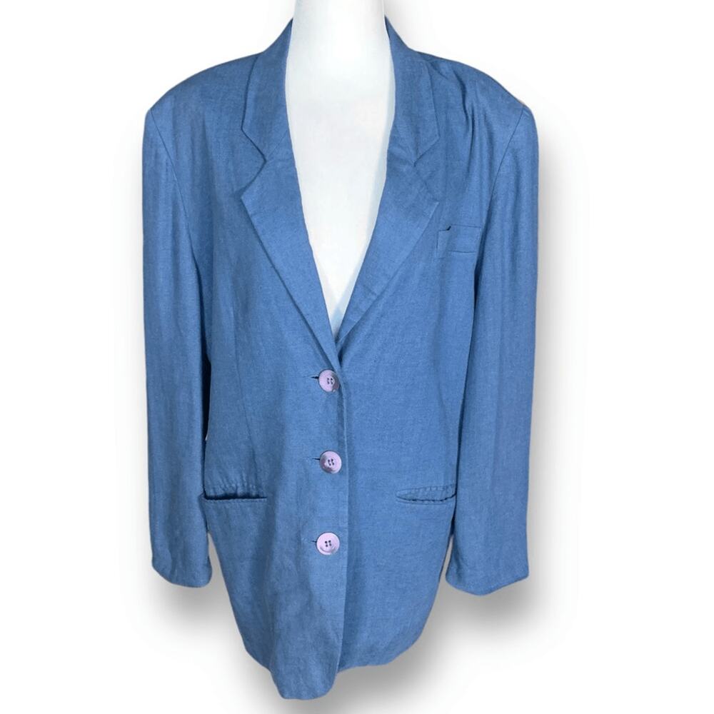 Vintage Express Blue‎ Linen Blend Blazer Relaxed Fit Minimalist 90s Lightweight